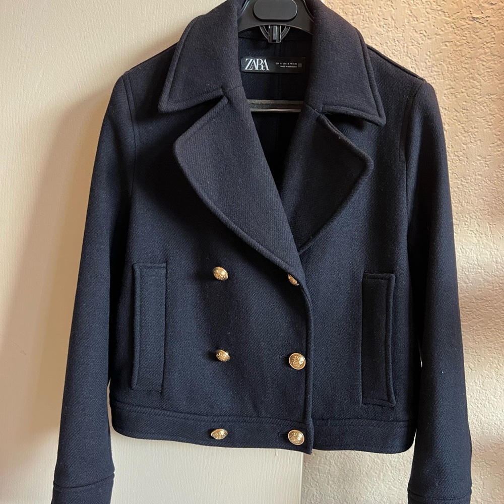 Zara Double-Breasted Black Peacoat with Gold Accents